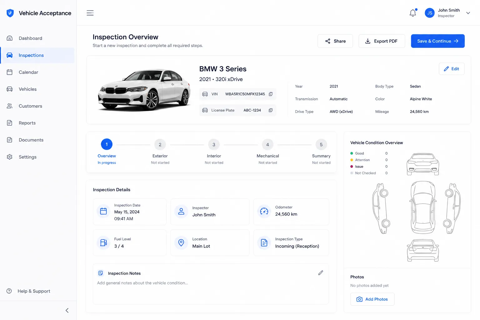 aazparts admin: vehicle acceptance screen for a BMW 3 Series donor car
