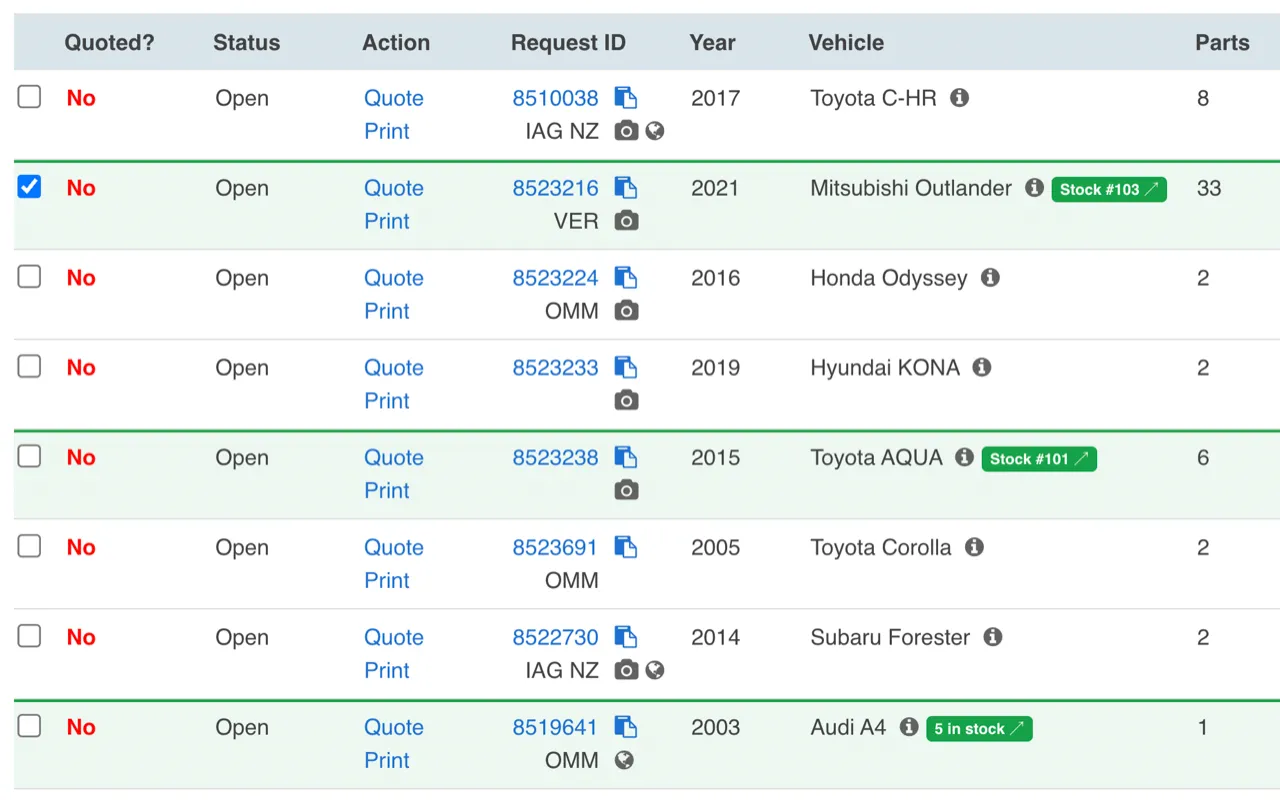 PartsTrader incoming-requests table with green Stock # badges added by the aazparts extension where matches were found